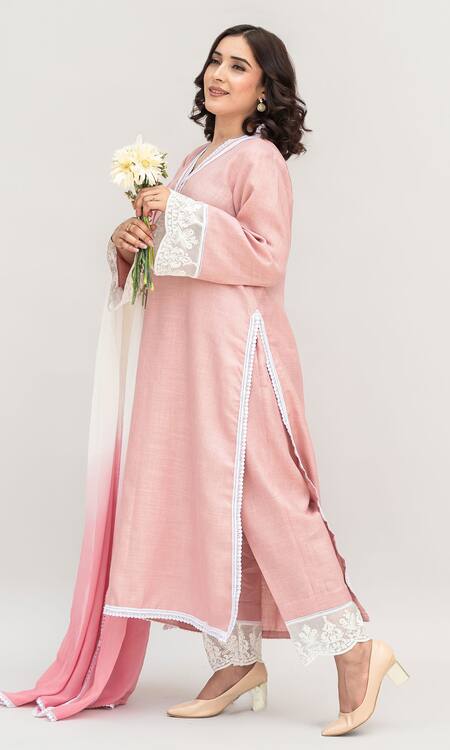 Daljit Sudan_Pink Linen, Cotton, Georgette Embroidery V-neck Thread Kurta Pant Set _Online_at_Aza_Fashions