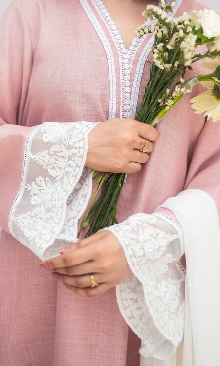 Shop_Daljit Sudan_Pink Linen, Cotton, Georgette Embroidery V-neck Thread Kurta Pant Set _Online_at_Aza_Fashions