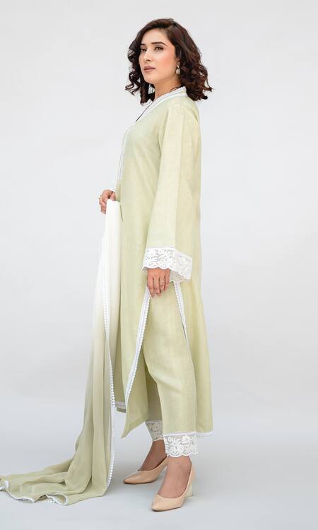 Daljit Sudan Green Linen, Cotton, Georgette Embroidery V-neck Thread Kurta Set Online at Aza Fashions Daljit Sudan_Green Linen, Cotton, Georgette Embroidery V-neck Thread Kurta Set _Online_at_Aza_Fashions