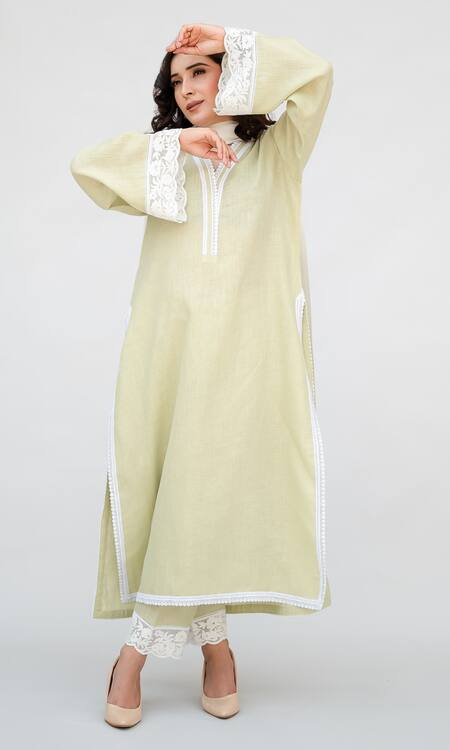 Buy Daljit Sudan Green Linen, Cotton, Georgette Embroidery V-neck Thread Kurta Set Online at Aza Fashions Buy_Daljit Sudan_Green Linen, Cotton, Georgette Embroidery V-neck Thread Kurta Set _Online_at_Aza_Fashions