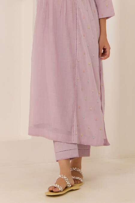 Label Mansi Nagdev Purple Cotton, Muslin Embroidery, Lace Round Neck Amelia Thread Kurta And Pant Online at Aza Fashions Label Mansi Nagdev_Purple Cotton, Muslin Embroidery, Lace Round Neck Amelia Thread Kurta And Pant _Online_at_Aza_Fashions