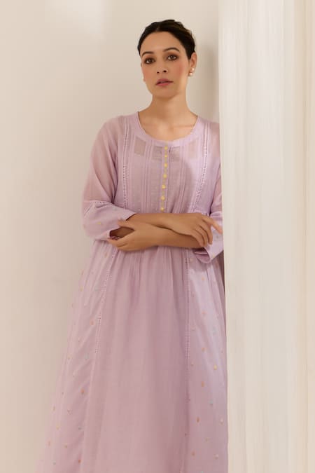 Shop Label Mansi Nagdev Purple Cotton, Muslin Embroidery, Lace Round Neck Amelia Thread Kurta And Pant Online at Aza Fashions Shop_Label Mansi Nagdev_Purple Cotton, Muslin Embroidery, Lace Round Neck Amelia Thread Kurta And Pant _Online_at_Aza_Fashions