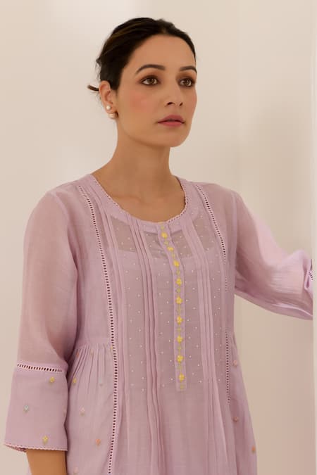 Label Mansi Nagdev Purple Cotton, Muslin Embroidery, Lace Round Neck Amelia Thread Kurta And Pant at Aza Fashions Label Mansi Nagdev_Purple Cotton, Muslin Embroidery, Lace Round Neck Amelia Thread Kurta And Pant _at_Aza_Fashions