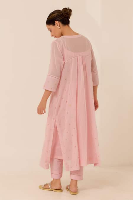 Shop Label Mansi Nagdev Pink Cotton, Muslin Pearls, Embroidery Round Neck Amelia Kurta And Pant at Aza Fashions Shop_Label Mansi Nagdev_Pink Cotton, Muslin Pearls, Embroidery Round Neck Amelia Kurta And Pant _at_Aza_Fashions