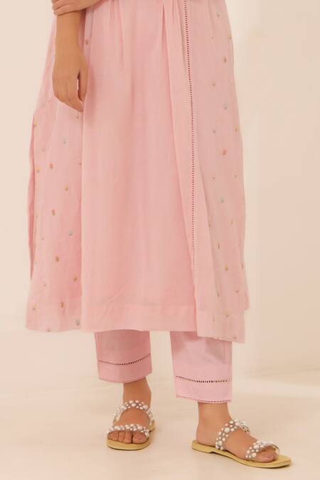 Label Mansi Nagdev Pink Cotton, Muslin Pearls, Embroidery Round Neck Amelia Kurta And Pant Online at Aza Fashions Label Mansi Nagdev_Pink Cotton, Muslin Pearls, Embroidery Round Neck Amelia Kurta And Pant _Online_at_Aza_Fashions