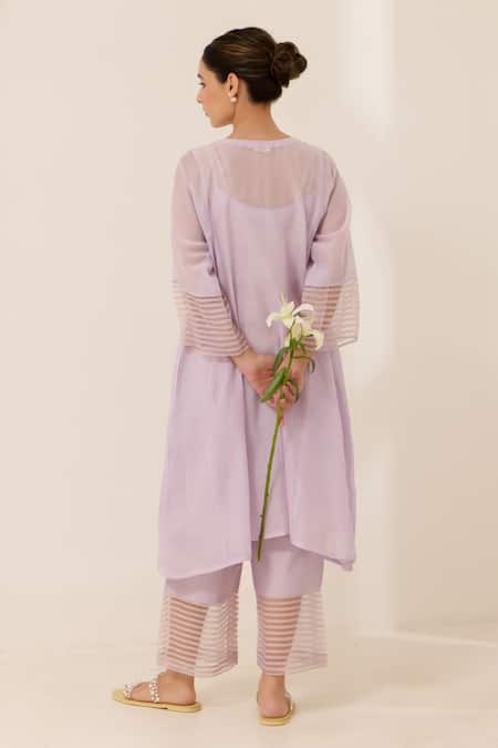 Shop_Label Mansi Nagdev_Purple Chanderi Embroidery Round Neck Emilie Textured Kurta And Pant Set _at_Aza_Fashions