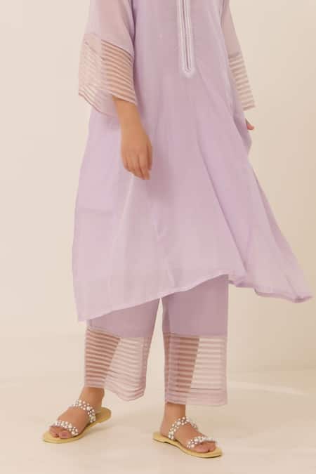 Label Mansi Nagdev_Purple Chanderi Embroidery Round Neck Emilie Textured Kurta And Pant Set _Online_at_Aza_Fashions
