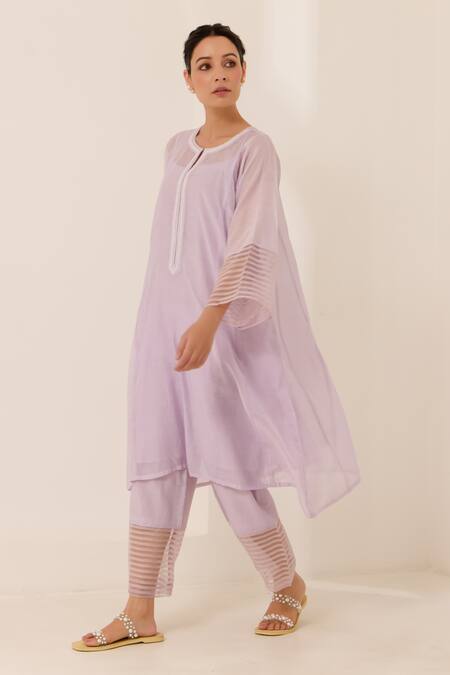 Buy_Label Mansi Nagdev_Purple Chanderi Embroidery Round Neck Emilie Textured Kurta And Pant Set _Online_at_Aza_Fashions