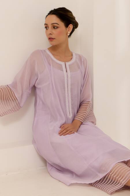 Shop_Label Mansi Nagdev_Purple Chanderi Embroidery Round Neck Emilie Textured Kurta And Pant Set _Online_at_Aza_Fashions