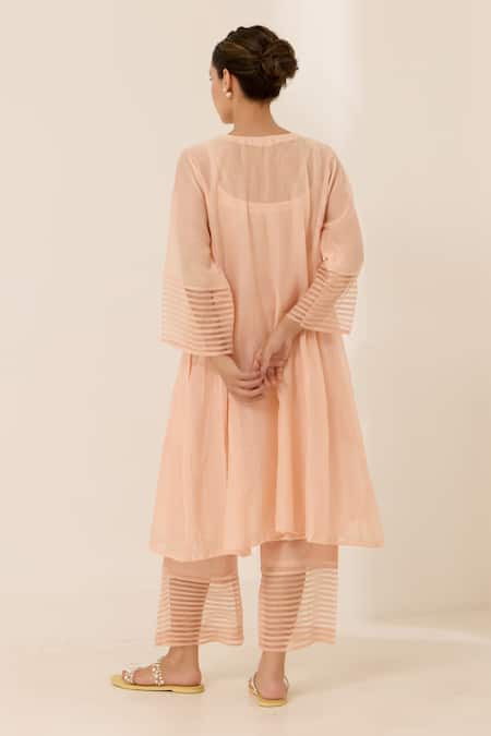 Shop Label Mansi Nagdev Peach Chanderi Embroidery Round Neck Emilie Textured Kurta And Pant Set at Aza Fashions Shop_Label Mansi Nagdev_Peach Chanderi Embroidery Round Neck Emilie Textured Kurta And Pant Set _at_Aza_Fashions