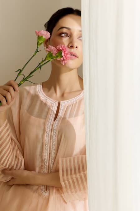 Buy Label Mansi Nagdev Peach Chanderi Embroidery Round Neck Emilie Textured Kurta And Pant Set Online at Aza Fashions Buy_Label Mansi Nagdev_Peach Chanderi Embroidery Round Neck Emilie Textured Kurta And Pant Set _Online_at_Aza_Fashions