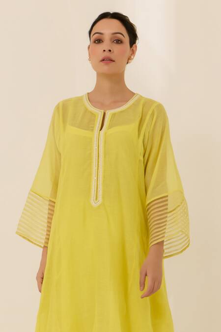 Label Mansi Nagdev Yellow Chanderi Pearls, Embroidery Round Neck Stripe Textured Kurta Set Online at Aza Fashions Label Mansi Nagdev_Yellow Chanderi Pearls, Embroidery Round Neck Stripe Textured Kurta Set _Online_at_Aza_Fashions