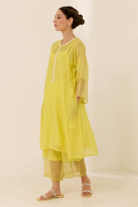 Shop Label Mansi Nagdev Yellow Chanderi Pearls, Embroidery Round Neck Stripe Textured Kurta Set Online at Aza Fashions Shop_Label Mansi Nagdev_Yellow Chanderi Pearls, Embroidery Round Neck Stripe Textured Kurta Set _Online_at_Aza_Fashions
