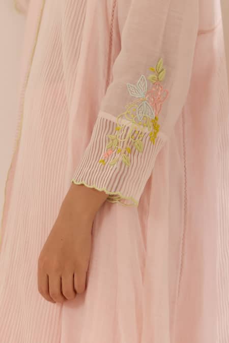 Shop_Label Mansi Nagdev_Pink Chanderi, Cotton Embroidery V-neck Lilybeth Textured Kurta Set _Online_at_Aza_Fashions