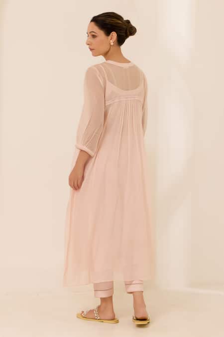 Shop Label Mansi Nagdev Pink Chanderi, Cotton Embroidery, Lace Round Roza Hand Yoke Kurta And Pant Set at Aza Fashions Shop_Label Mansi Nagdev_Pink Chanderi, Cotton Embroidery, Lace Round Roza Hand Yoke Kurta And Pant Set _at_Aza_Fashions