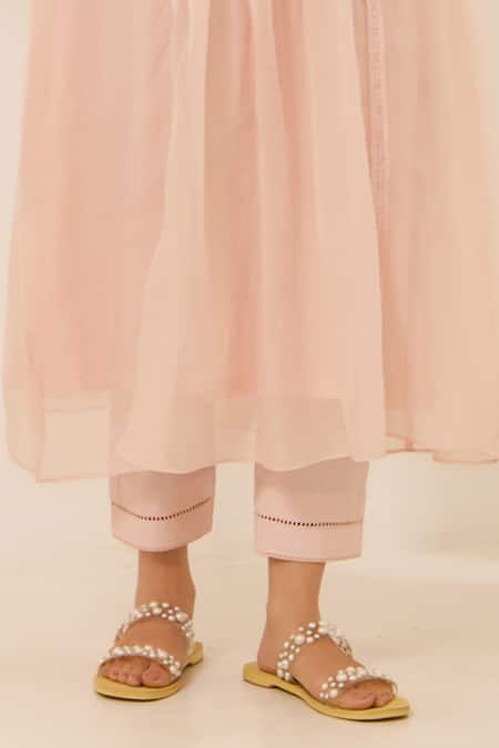 Label Mansi Nagdev Pink Chanderi, Cotton Embroidery, Lace Round Roza Hand Yoke Kurta And Pant Set Online at Aza Fashions Label Mansi Nagdev_Pink Chanderi, Cotton Embroidery, Lace Round Roza Hand Yoke Kurta And Pant Set _Online_at_Aza_Fashions