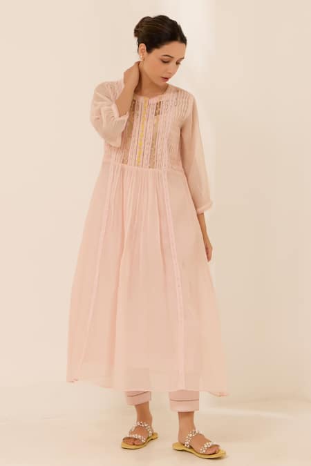 Buy Label Mansi Nagdev Pink Chanderi, Cotton Embroidery, Lace Round Roza Hand Yoke Kurta And Pant Set Online at Aza Fashions Buy_Label Mansi Nagdev_Pink Chanderi, Cotton Embroidery, Lace Round Roza Hand Yoke Kurta And Pant Set _Online_at_Aza_Fashions
