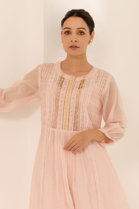 Shop Label Mansi Nagdev Pink Chanderi, Cotton Embroidery, Lace Round Roza Hand Yoke Kurta And Pant Set Online at Aza Fashions Shop_Label Mansi Nagdev_Pink Chanderi, Cotton Embroidery, Lace Round Roza Hand Yoke Kurta And Pant Set _Online_at_Aza_Fashions