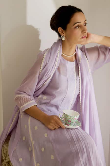 Buy Label Mansi Nagdev Purple Chanderi, Cotton Lace, Embroidery Round Neck Rosemary Kurta Pant Set Buy_Label Mansi Nagdev_Purple Chanderi, Cotton Lace, Embroidery Round Neck Rosemary Kurta Pant Set