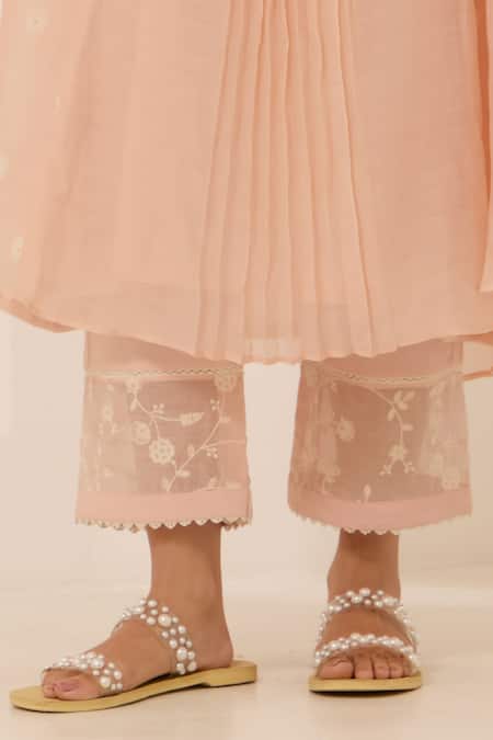 Buy Label Mansi Nagdev Peach Chanderi, Cotton Embroidery, Lace Round Neck Rosemary Floral Kurta Set Online at Aza Fashions Buy_Label Mansi Nagdev_Peach Chanderi, Cotton Embroidery, Lace Round Neck Rosemary Floral Kurta Set _Online_at_Aza_Fashions