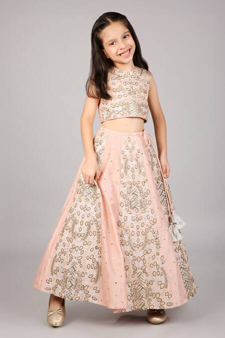 Buy_PS Kids By Payal Singhal_Pink Lehenga And Blouse Dupion Silk Hand Embroidered Abstract Set_Online_at_Aza_Fashions