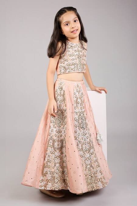 Shop_PS Kids By Payal Singhal_Pink Lehenga And Blouse Dupion Silk Hand Embroidered Abstract Set_Online_at_Aza_Fashions