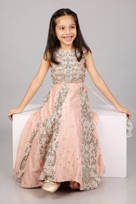 PS Kids By Payal Singhal_Pink Lehenga And Blouse Dupion Silk Hand Embroidered Abstract Set_at_Aza_Fashions