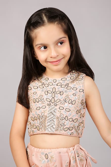 Buy_PS Kids By Payal Singhal_Pink Lehenga And Blouse Dupion Silk Hand Embroidered Abstract Set