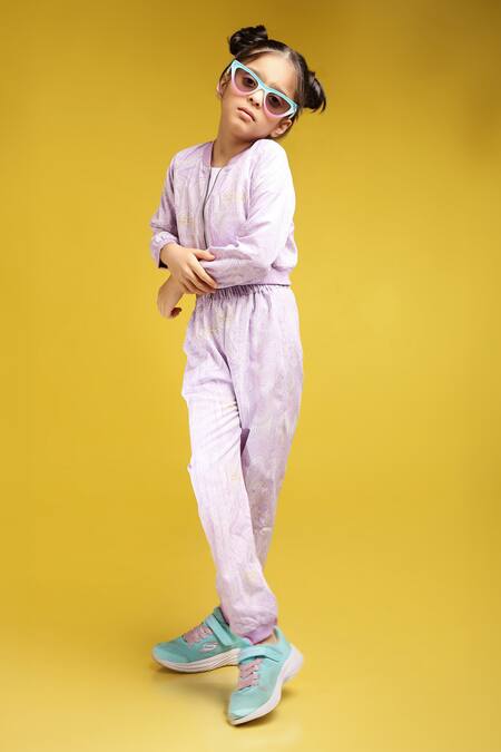 PS Kids By Payal Singhal_Purple Art Georgette Printed Abstract Bomber Jacket And Jogger Pant Set_Online_at_Aza_Fashions