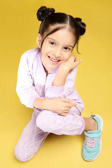 Shop_PS Kids By Payal Singhal_Purple Art Georgette Printed Abstract Bomber Jacket And Jogger Pant Set_Online_at_Aza_Fashions