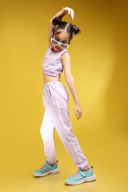 PS Kids By Payal Singhal_Purple Art Georgette Printed Abstract Bomber Jacket And Jogger Pant Set_at_Aza_Fashions