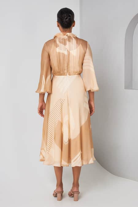 Shop Vedika M Beige Viscose, Organza Round Neck Abstract Print Dress at Aza Fashions Shop_Vedika M_Beige Viscose, Organza Round Neck Abstract Print Dress _at_Aza_Fashions
