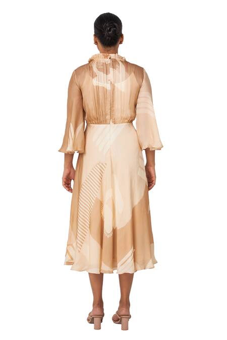Vedika M Beige Viscose, Organza Round Neck Abstract Print Dress Online at Aza Fashions Vedika M_Beige Viscose, Organza Round Neck Abstract Print Dress _Online_at_Aza_Fashions