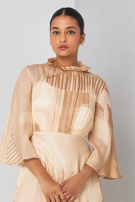 Buy Vedika M Beige Viscose, Organza Round Neck Abstract Print Dress Online at Aza Fashions Buy_Vedika M_Beige Viscose, Organza Round Neck Abstract Print Dress _Online_at_Aza_Fashions