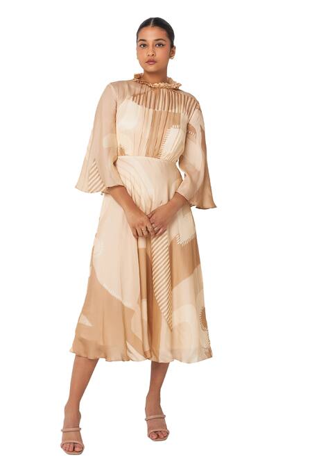 Shop Vedika M Beige Viscose, Organza Round Neck Abstract Print Dress Online at Aza Fashions Shop_Vedika M_Beige Viscose, Organza Round Neck Abstract Print Dress _Online_at_Aza_Fashions