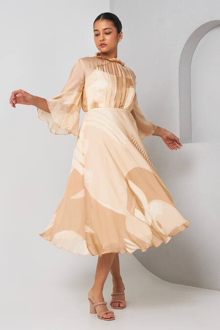 Vedika M Beige Viscose, Organza Round Neck Abstract Print Dress at Aza Fashions Vedika M_Beige Viscose, Organza Round Neck Abstract Print Dress _at_Aza_Fashions