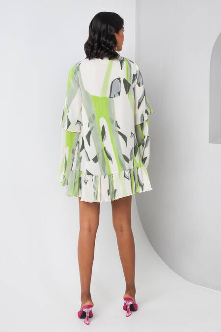Shop Vedika M Green Satin, Chiffon V-neck Geometric Print Pleated Dress at Aza Fashions Shop_Vedika M_Green Satin, Chiffon V-neck Geometric Print Pleated Dress_at_Aza_Fashions