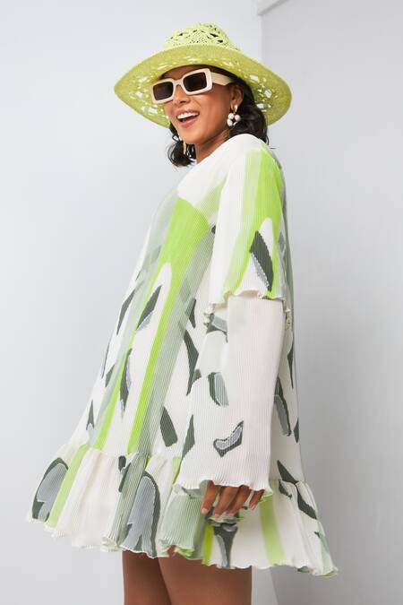 Shop Vedika M Green Satin, Chiffon V-neck Geometric Print Pleated Dress Online at Aza Fashions Shop_Vedika M_Green Satin, Chiffon V-neck Geometric Print Pleated Dress_Online_at_Aza_Fashions