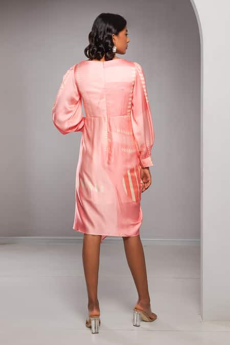 Shop_Vedika M_Pink Satin Square Neck Printed Draped Dress _at_Aza_Fashions
