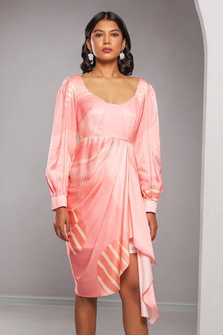 Buy_Vedika M_Pink Satin Square Neck Printed Draped Dress _Online_at_Aza_Fashions