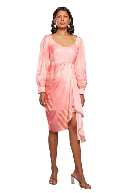 Shop_Vedika M_Pink Satin Square Neck Printed Draped Dress _Online_at_Aza_Fashions