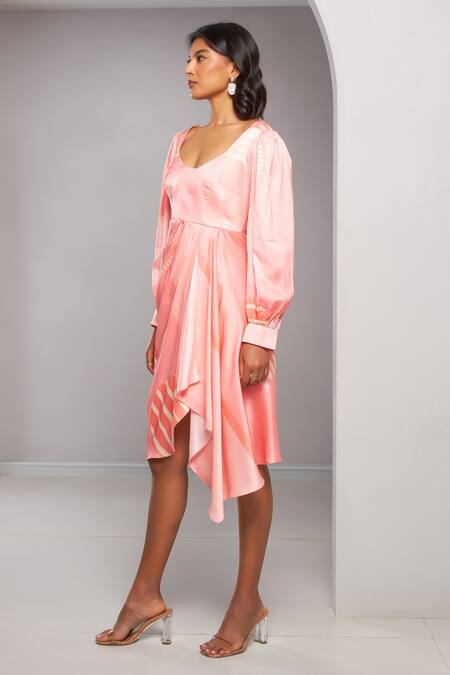 Vedika M_Pink Satin Square Neck Printed Draped Dress _at_Aza_Fashions