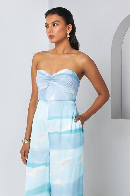 Vedika M_Blue Satin Sweetheart Neck Abstract Print Strapless Jumpsuit_Online_at_Aza_Fashions