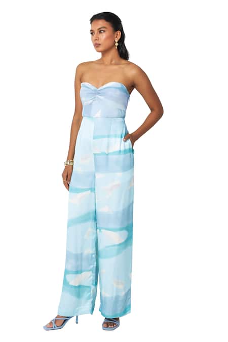 Buy_Vedika M_Blue Satin Sweetheart Neck Abstract Print Strapless Jumpsuit_Online_at_Aza_Fashions
