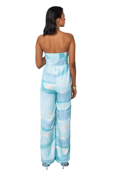 Shop_Vedika M_Blue Satin Sweetheart Neck Abstract Print Strapless Jumpsuit_Online_at_Aza_Fashions