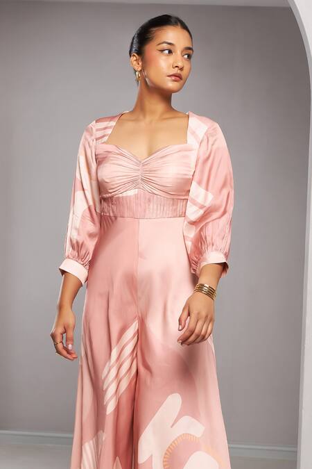 Buy Vedika M Purple Satin Sweetheart Neck Abstract Print Culottes Jumpsuit Online at Aza Fashions Buy_Vedika M_Purple Satin Sweetheart Neck Abstract Print Culottes Jumpsuit _Online_at_Aza_Fashions