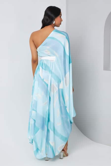 Shop_Vedika M_Blue Satin Asymmetric Printed Draped Dress With Belt _at_Aza_Fashions