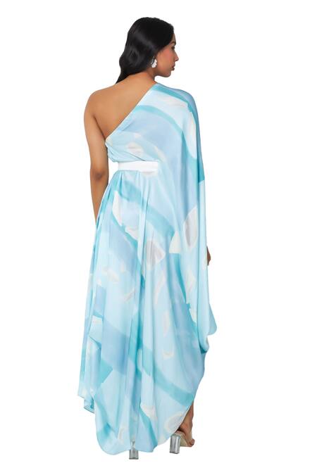 Vedika M_Blue Satin Asymmetric Printed Draped Dress With Belt _Online_at_Aza_Fashions