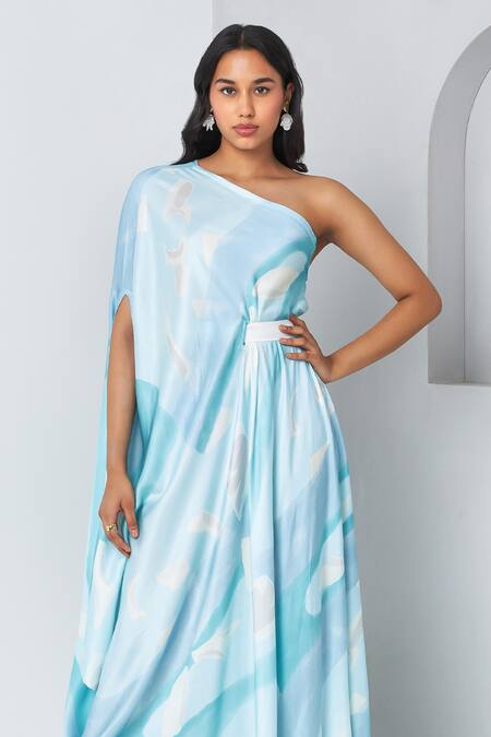Buy_Vedika M_Blue Satin Asymmetric Printed Draped Dress With Belt _Online_at_Aza_Fashions