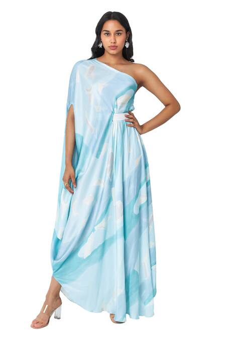 Shop_Vedika M_Blue Satin Asymmetric Printed Draped Dress With Belt _Online_at_Aza_Fashions